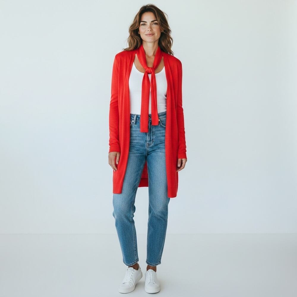 Lafayette 148 New York Cardigan XL Red Wool Silk Long Open Front Tie Sweater